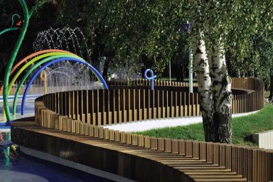 Beautiful Playground with Several Colorful Water Displays and Sprayers