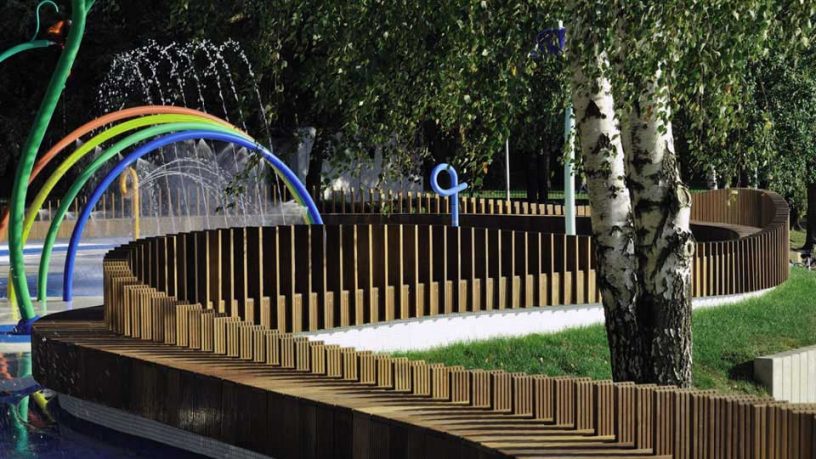 Beautiful Playground with Several Colorful Water Displays and Sprayers