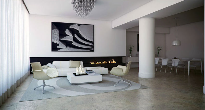 Black White Lounge With Fireplace Design