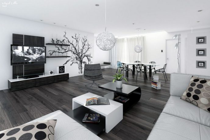 Black White Open Living Dining Room Design