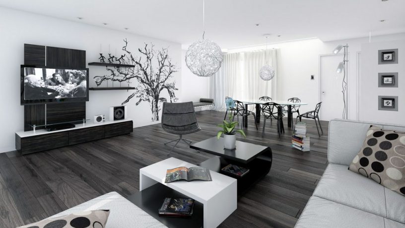 Black White Open Living Dining Room Design