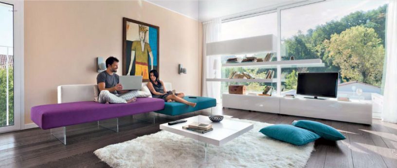 Blue Violet Sofa with Acrylic Stand Design