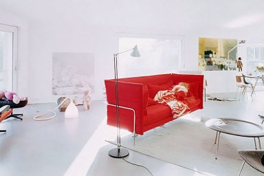 Bright Living Room with Modern Red Sofa Design