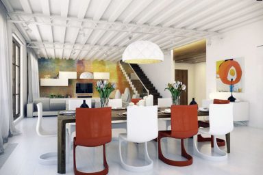 Colorful Red White Chairs Open Dining Area