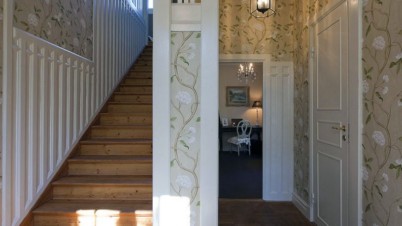 Cool Design Wooden Staircase with Flower Wall Print
