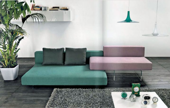 Green Light Purple Sofas in Grey Living Room