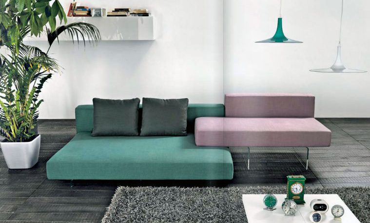 Green Light Purple Sofas in Grey Living Room