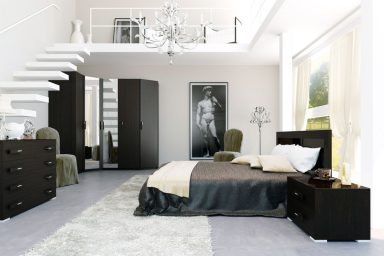 Luxury Black and White Bedroom with Stair to Mezzanine