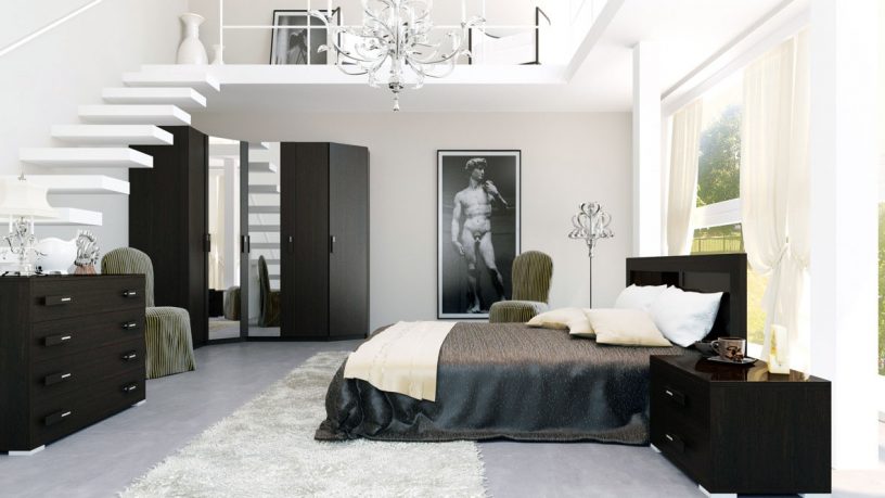 Luxury Black and White Bedroom with Stair to Mezzanine