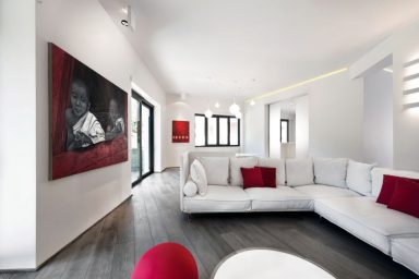 Minimalist Red & White Apartment Interior