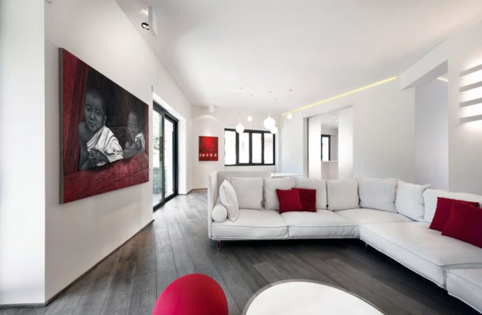 Minimalist Red White Living Room with Recessed Ceiling Light