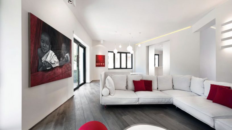 Minimalist Red White Living Room with Recessed Ceiling Light