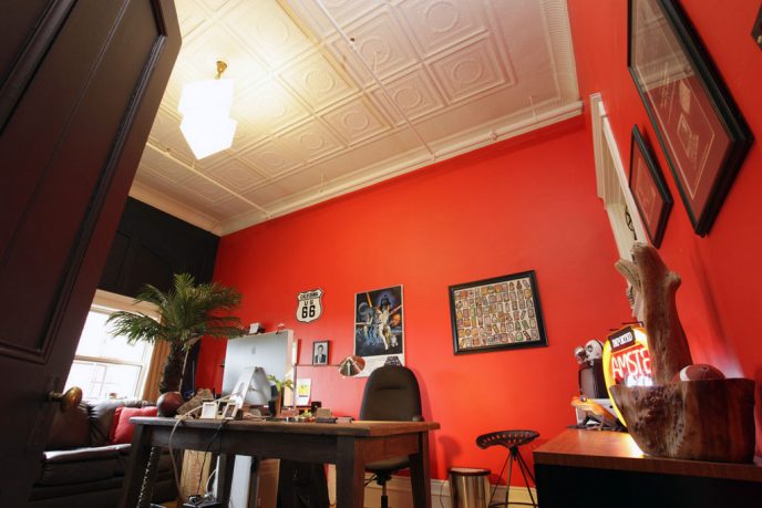 Modern Classic Office with Red Wall Ideas