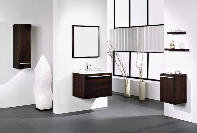 Modern White Bathroom with Wooden Washbasin Cabinet Ideas