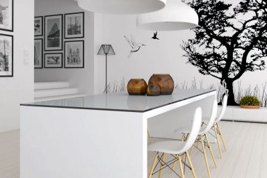 Modern White Dinning Room with Black Wall Accents