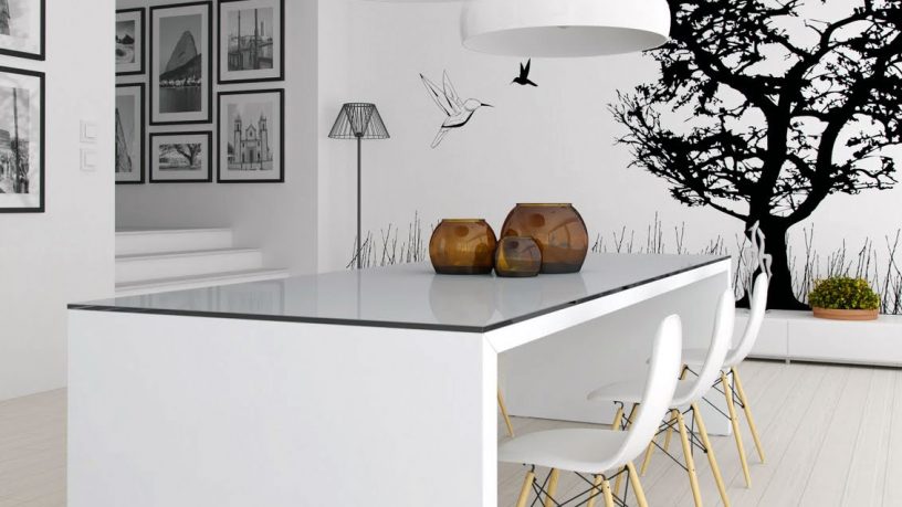 Modern White Dinning Room with Black Wall Accents