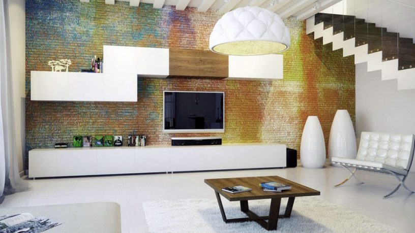 Urban Style Living Area with Colorful Exposed Brick Wall