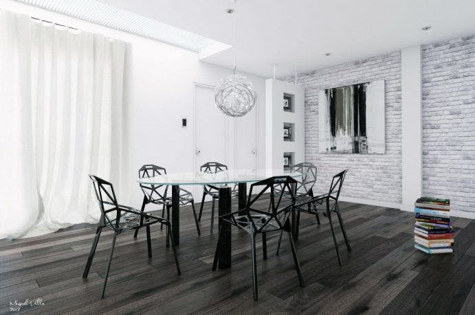 White Brick Wall Dinning Room with Black Furniture