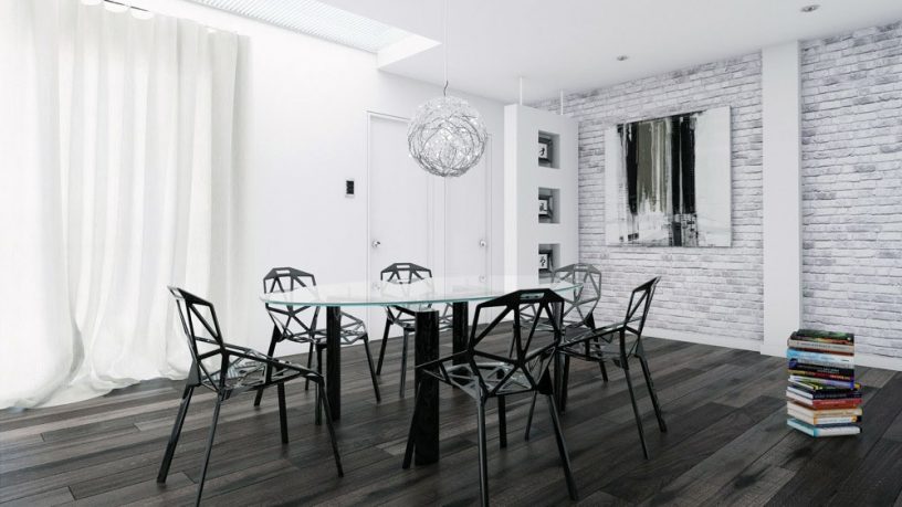 White Brick Wall Dinning Room with Black Furniture