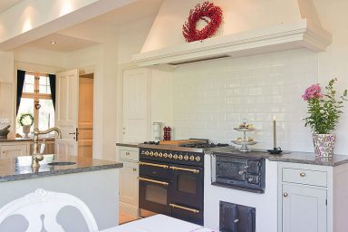 White Kitchen Design with Gold Panel Ideas