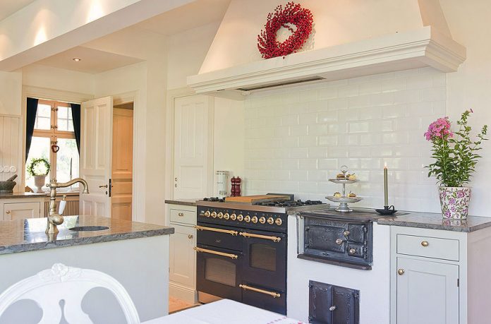 White Kitchen Design with Gold Panel Ideas