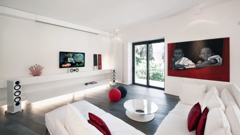 White Sofa Living Room with Red Pillow Design Ideas