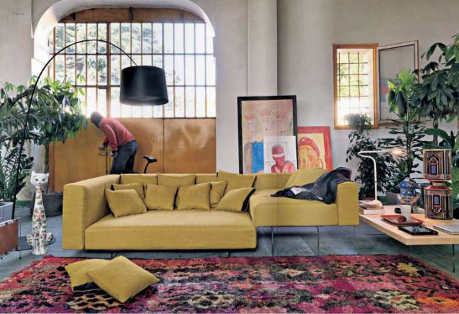 Yellow Modern Sofa with Black Floor Lamp