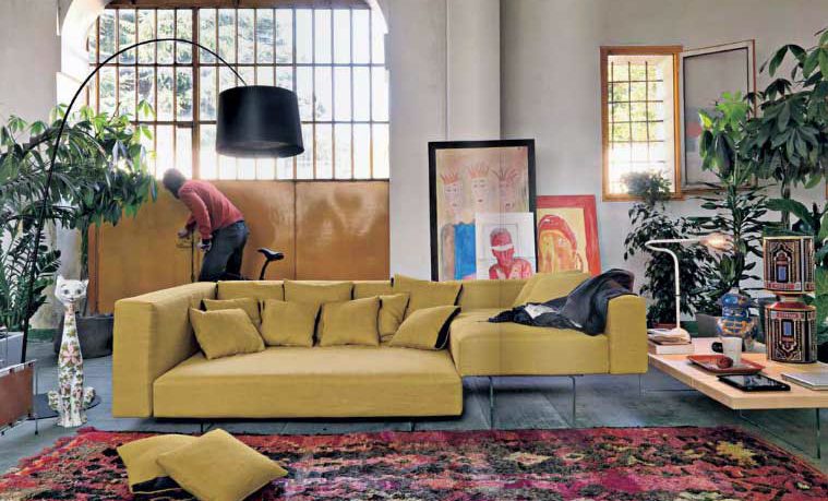 Yellow Modern Sofa with Black Floor Lamp