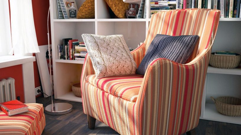 Bright Reading Room with Orange Red Striped Chair
