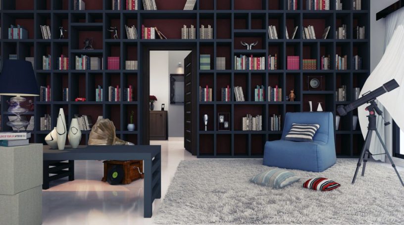 Cozy Home Library Design with Rug and Telescope
