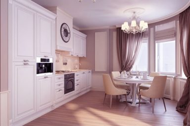 Kitchen and Dining Room in One Spaces with Luxury Chandelier