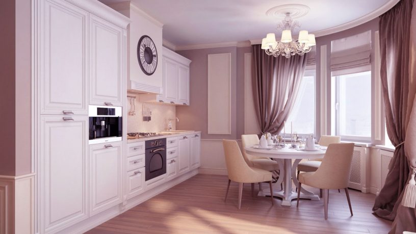 Kitchen and Dining Room in One Spaces with Luxury Chandelier