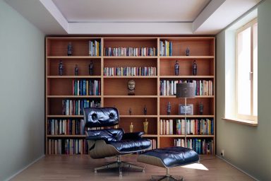 Masculine Home Library with Modern Leather Chair
