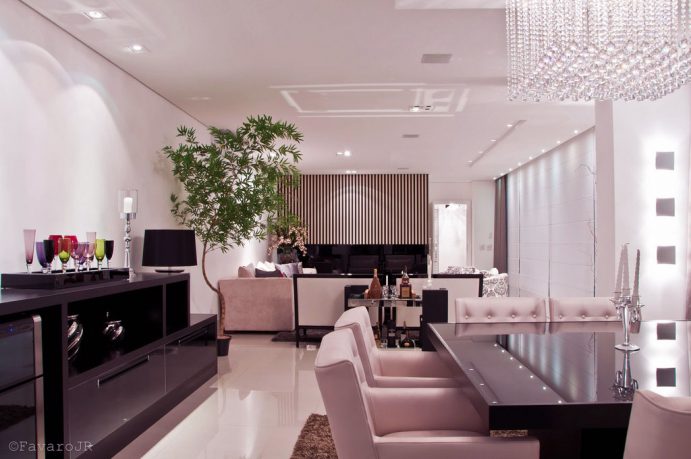 Modern Luxury Open Plan Dining Room Living Room with Crystal Rain Chandelier