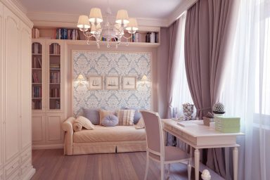 Shining Bedroom with Luxury Chandelier and Large Curtain