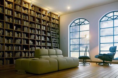 Sophisticated Home Library Design with Beige Sofa