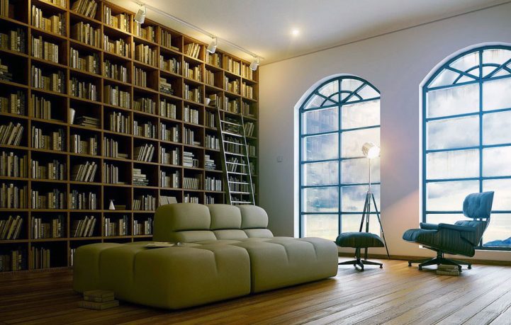 Sophisticated Home Library Design with Beige Sofa