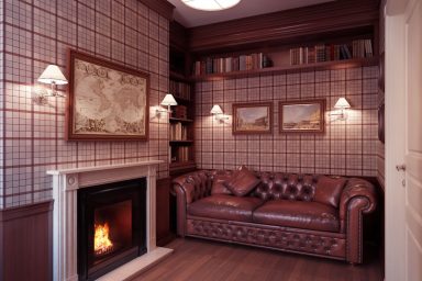 Warm Lounge With Fire Place and Brown Leather Sofa