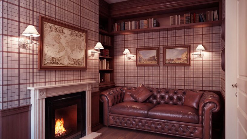 Warm Lounge With Fire Place and Brown Leather Sofa