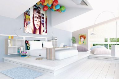 White Fun and Chic Bedroom with LCD TV on Ceiling