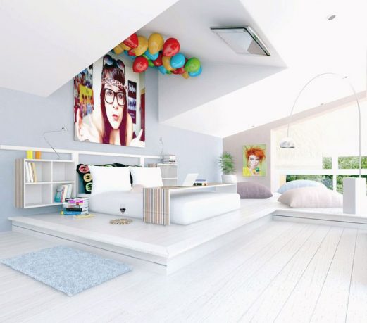 White Fun and Chic Bedroom with LCD TV on Ceiling
