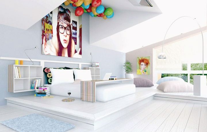 White Fun and Chic Bedroom with LCD TV on Ceiling