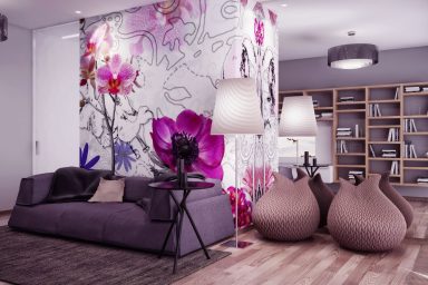 Beautiful Living Room with Gray Sofa and Pink Flower Wall Decor