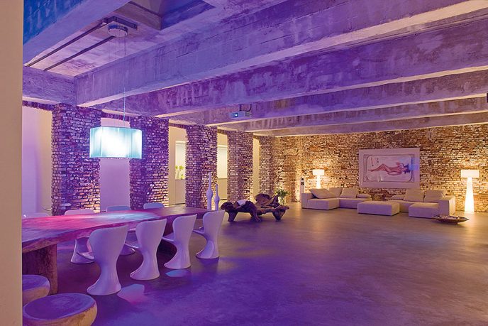 Bright Purple Lighting Adds a Hip Open Plan Kitchen Lounge