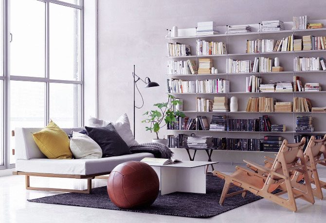 Bright Scandinavian Living Room with Bookshelves Ideas