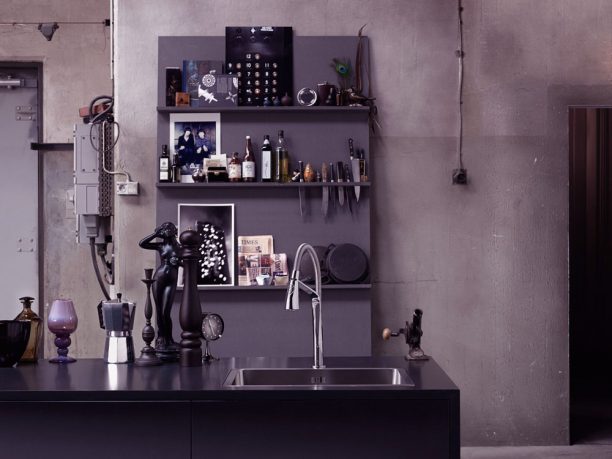 Elegant Dark Kitchen with Stainless Steel Sink Design