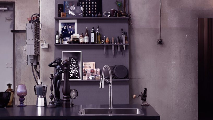 Elegant Dark Kitchen with Stainless Steel Sink Design