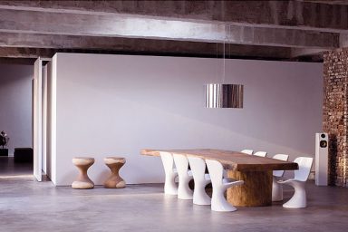 Log Dining Room Table with Modern White Chairs