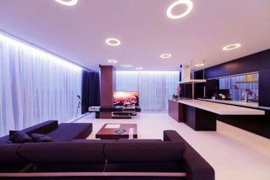 Modern Brown White Living Room with Recessed Ceiling Light