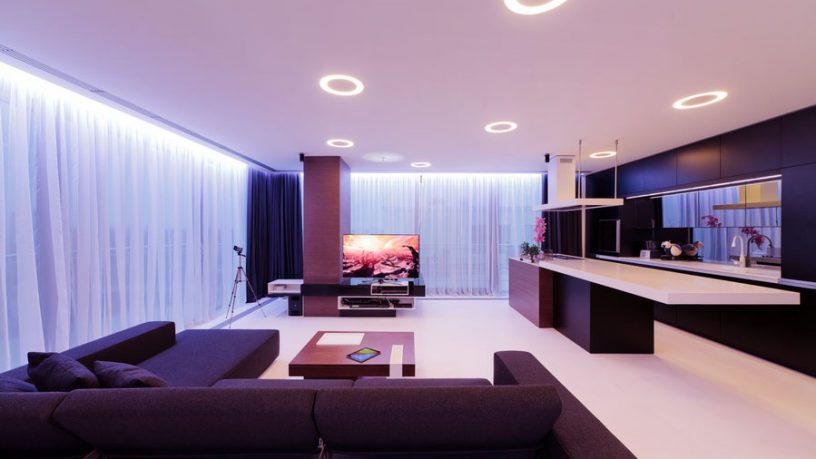 Modern Brown White Living Room with Recessed Ceiling Light